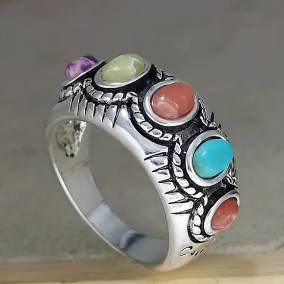 Boho Colorful Turquoise, Lab Created Multi Gemstone Silver tone Ring, size 6 - Picture 1 of 7